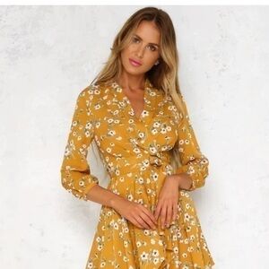 Yellow Floral Print Long Sleeve Dress